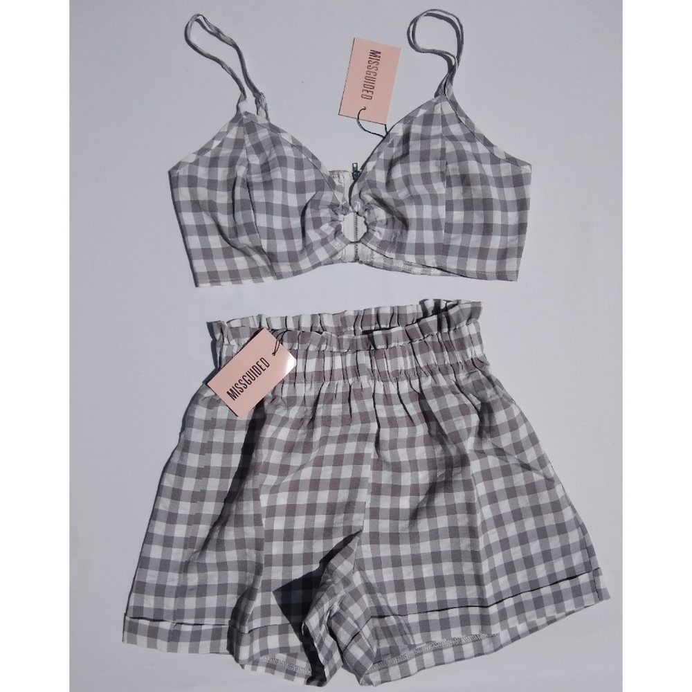 MissGuided White Gray Plaid Bralet & Short Set sz6